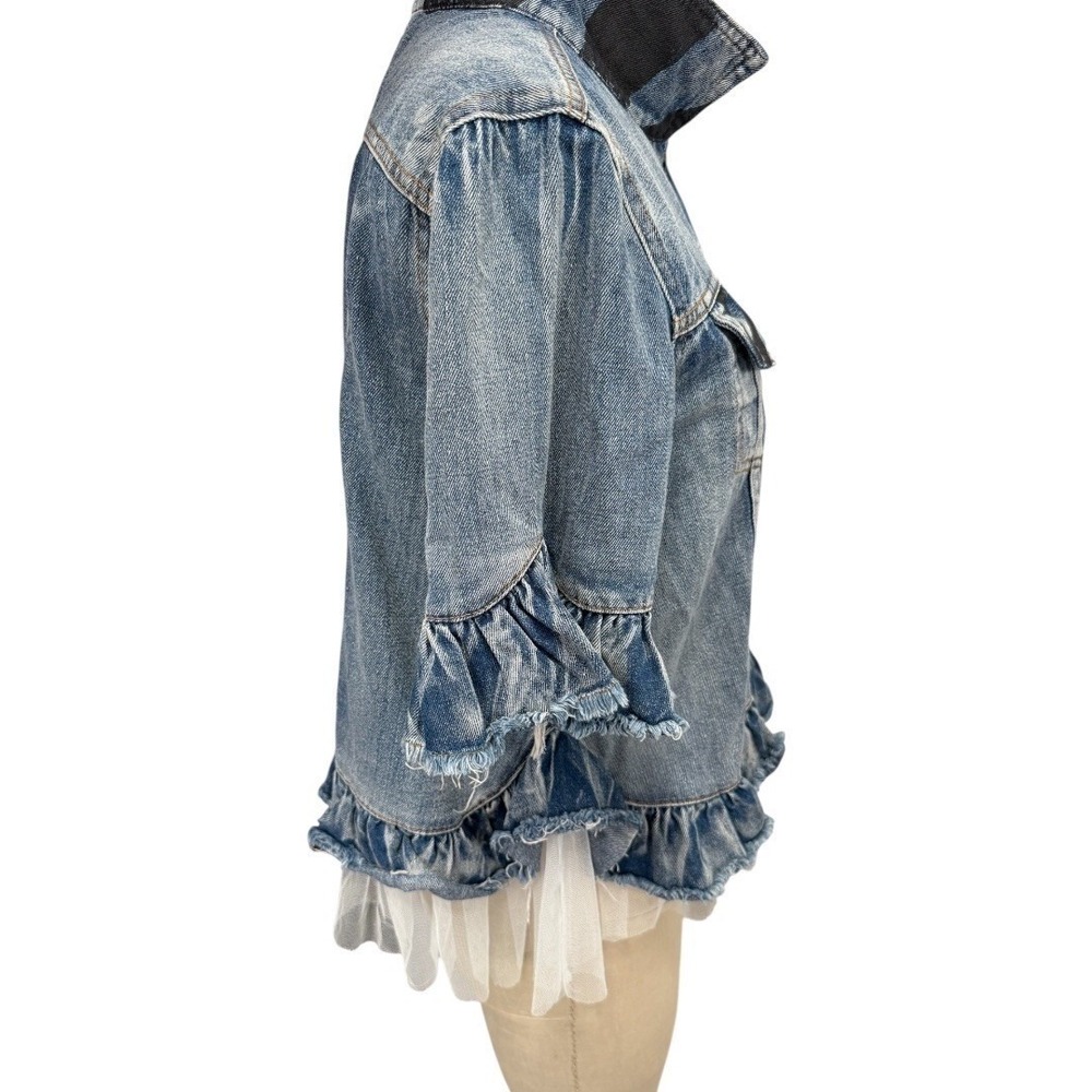 Wren + Glory Painted Denim Jacket Tulle Trim Ruffle Sleeve Art Graphic One Size - Picture 7 of 9